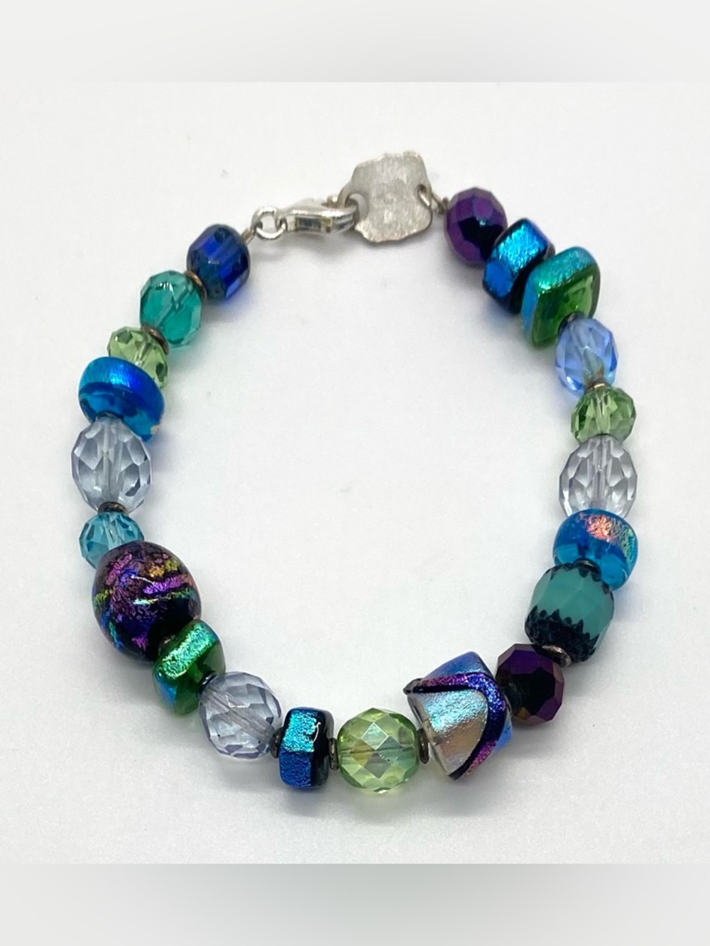 Vintage Blue Green Purple Glass Beaded Chunky Bracelet Grandmillenial Eclectic - Picture 2 of 9